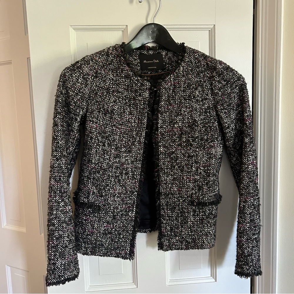 Massimo Dutti Cropped Boucle Tweed Blazer Black White Purple Size 2